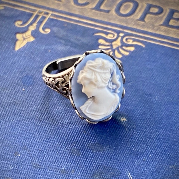 Blue Lady Cameo Ring- adjustable in antiqued brass or antiqued silver