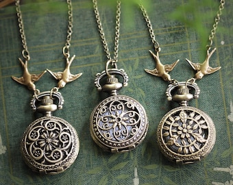 Flower Pocket Watch Necklace for Women With or Without Birds