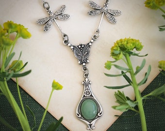 Green Stone or Shell Vintage Style Dragonfly Necklace