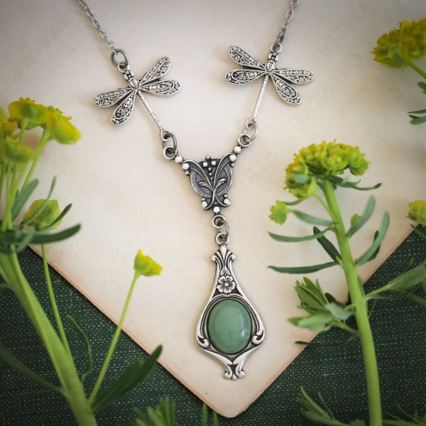 Green Stone or Shell Vintage Style Dragonfly Necklace