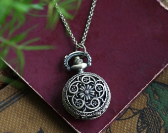 Floral Watch Necklace for Her in Antique Brass, Choose Vintage Flower Style and Length