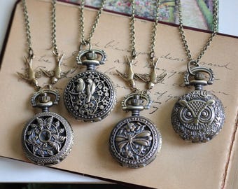 Collier montre pour femme - Pendentif insecte oiseaux, chouette, libellule ou papillon