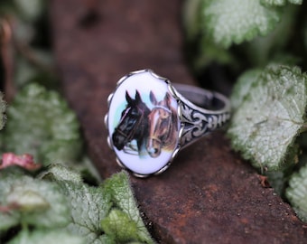 Vintage Horse Cabochon Ring on Antiqued Brass or Silver Adjustable Band