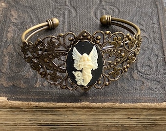 Angel Cameo Cuff Bracelet- Adjustable Antiqued Bronze Vintage Victorian Filigree Style Thistle Horse