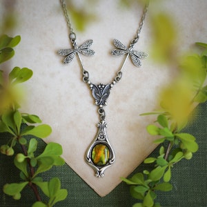 Mineral and Shell Vintage Style Dragonfly Necklaces in Orange to Golden Shades Yellow Abalone