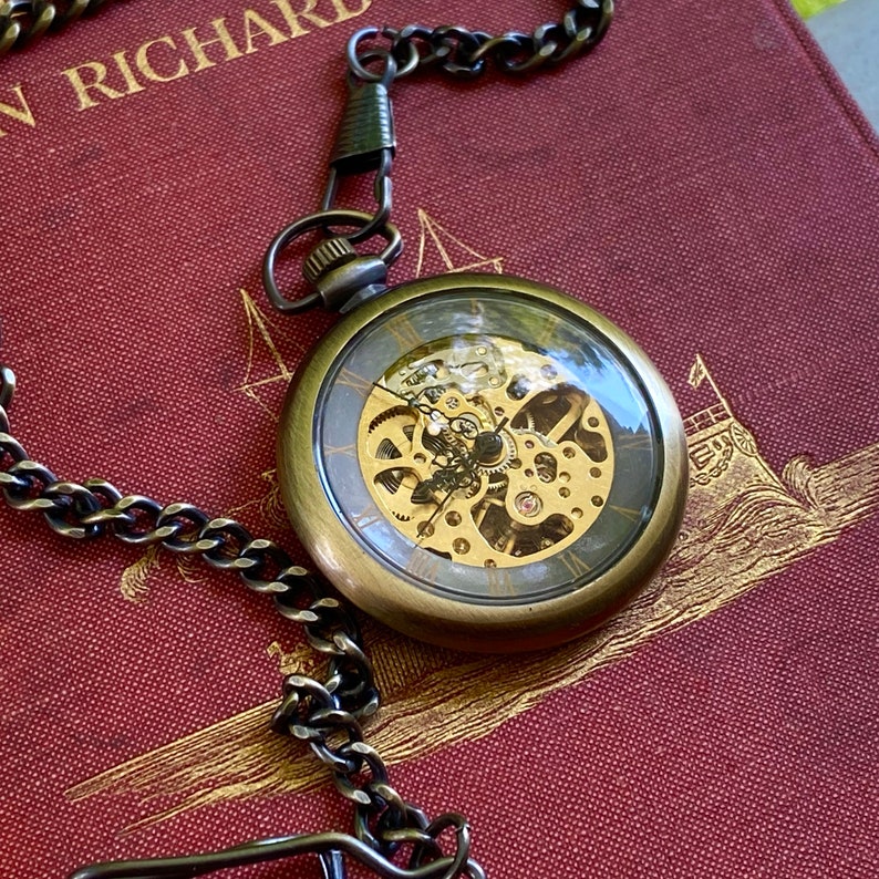 Stagecoach Master Brass Mechanical Pocket Watch on Fob or Necklace Vintage Style image 2
