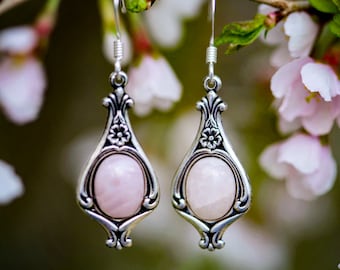Rose Quartz Earrings, Vintage Victorian Style Floral Pink Gemstone Jewelry, Elegant Flower Earrings