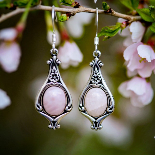 Rose Quartz and Other Earrings on a Vintage Victorian Base in Antiqued Silver or Brass - Choose a Stone