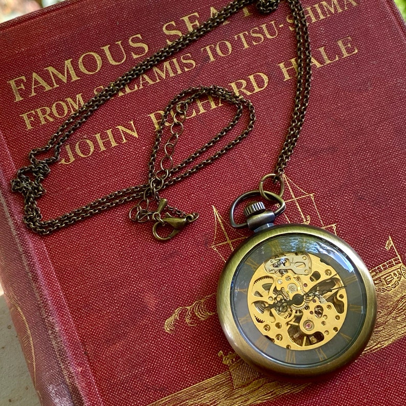 Stagecoach Master Brass Mechanical Pocket Watch on Fob or Necklace Vintage Style image 4