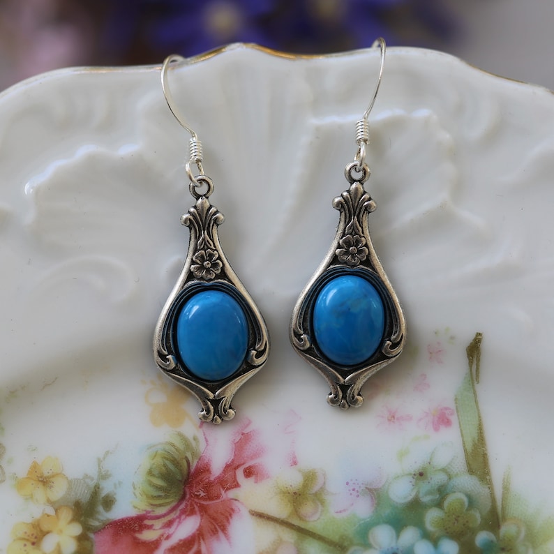 Aventurine Earrings and other Semi-Precious Stone on a Vintage Style Victorian Base in Antiqued Silver or Brass Choose a Stone Lt BLue Howlite