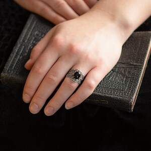 Black Onyx Filigree Ring in Elegant Vintage Victorian Style, Oxidized Sterling Silver or Antique Brass, Chunky Gothic Wide Band for Women image 2