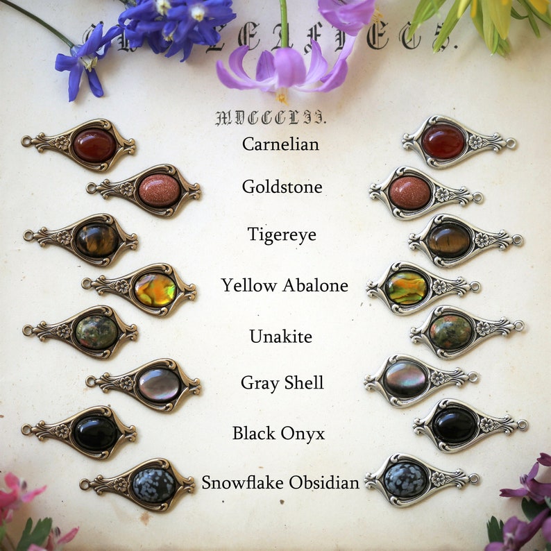 Schöne viktorianische Stein Halskette mit Vögeln in Antiqued Silber oder Antiqued Messing Wählen Sie einen Schwarz Braun Gelb oder Grau Stein oder Muschel Unakite