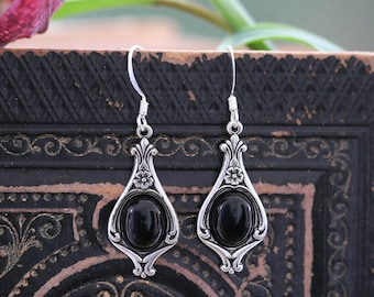 Onyx Earrings and other Minerals on an Elegant Victorian Base in Antiqued Silver or Brass - Choose a Stone