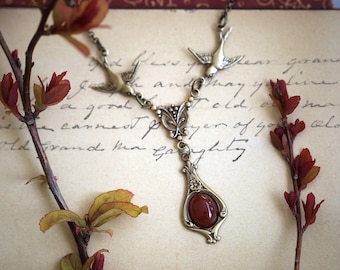 Lovely Victorian Stone Necklace with Birds in Antiqued Silver or Antiqued Brass Choose a Black Brown Yellow or Gray Stone or Shell