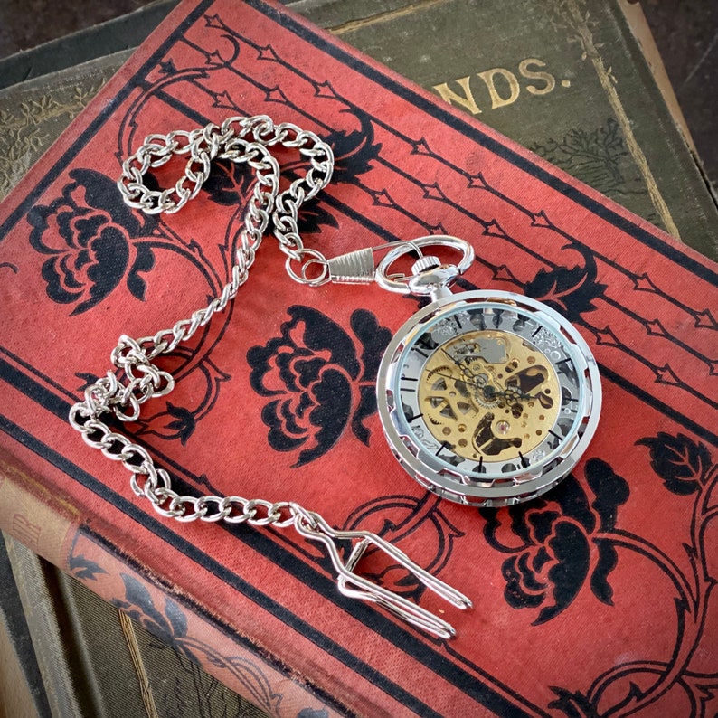 Black Postmodern Mechanical Pocket Watch on Fob or Necklace Silver