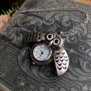 Silver Owl Watch Necklace with Wings Choose Gold, Brass, Gunmetal or Silver Finish image 3