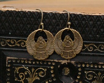 Scarab Charm Earrings in Antiqued Brass Victorian Vintage Style