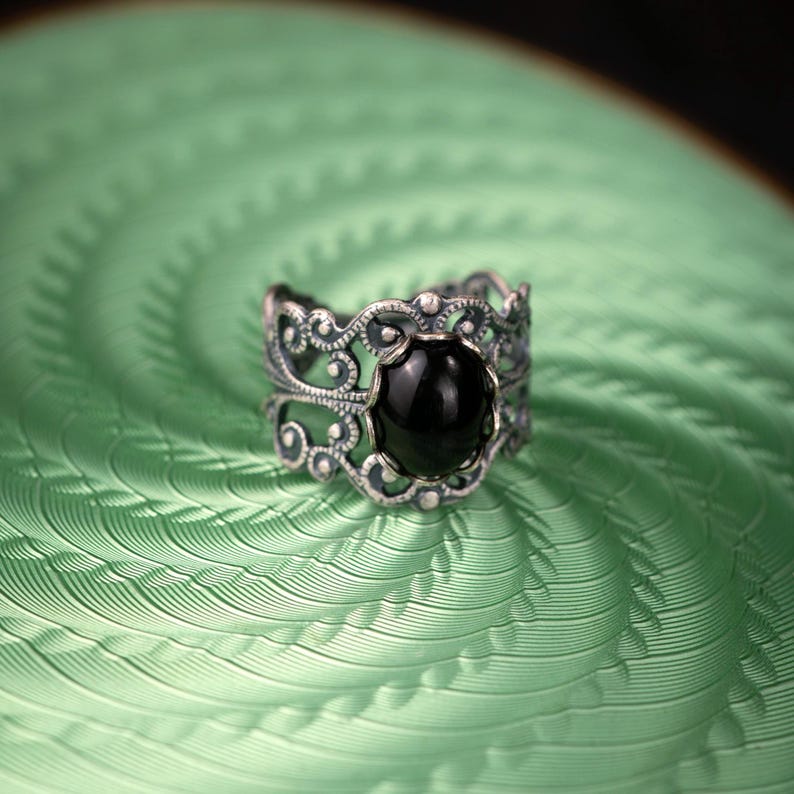 Black Onyx Filigree Ring in Elegant Vintage Victorian Style, Oxidized Sterling Silver or Antique Brass, Chunky Gothic Wide Band for Women Silver