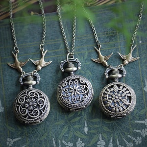 Spring Beauty Flowers Brass Battery Operated Pocket Clock Watch Necklace