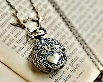 Watch Necklace Heart with Birds, Vintage Style Pocket Watch Necklace for Women