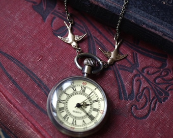 Watch Necklace Vintage Style with Roman Numerals and Birds