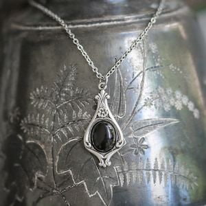 Black Onyx Stone Victorian Pendant Necklace - Choose from a variety of Stones and Shells in Antiqued Silver or Brass