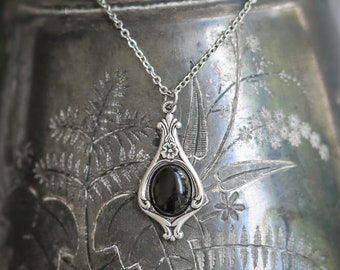 Black Onyx Stone Victorian Pendant Necklace - Choose from Semi-Precious Stones and Shells in Antiqued Silver or Brass