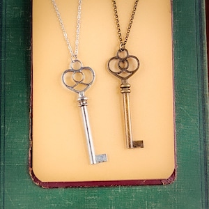 Eternal Love Skeleton VIntage Style Key Necklace in Antiqued Brass or Silver