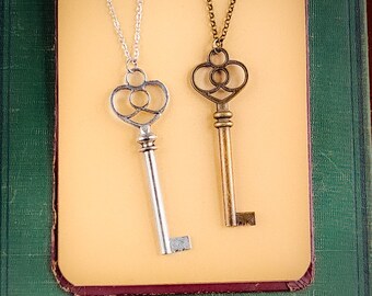 Eternal Love Skeleton VIntage Style Key Necklace in Antiqued Brass or Silver