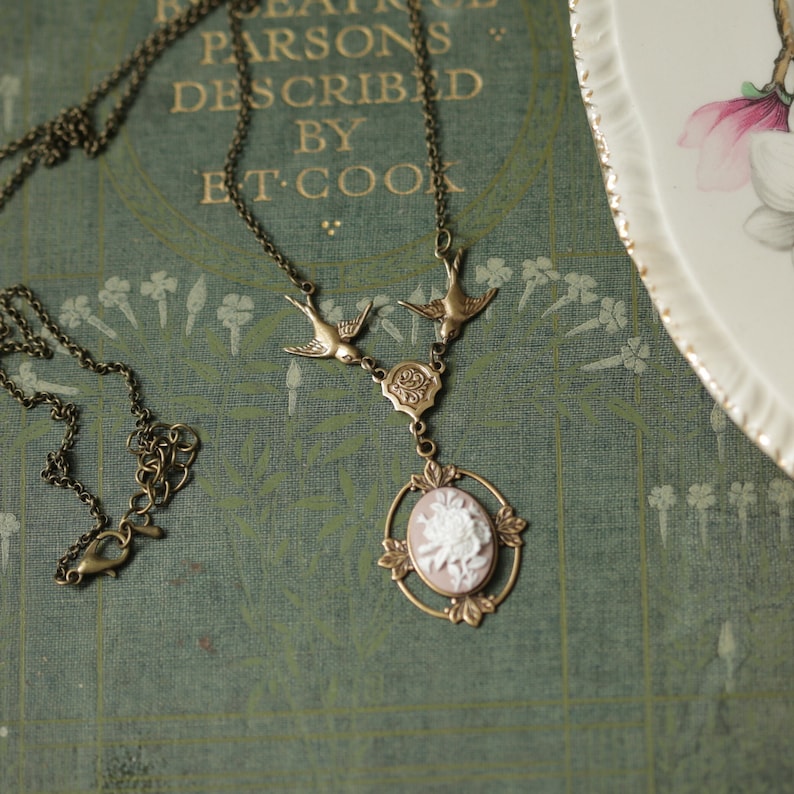 Victorian Rose Bouquet Flower Cameo Necklace Choose a Color Brass Pink