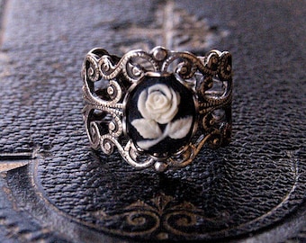 Chucky Silver Ring with Gothic Rose- Wide Band of Vintage Style Filigree, Adjustable