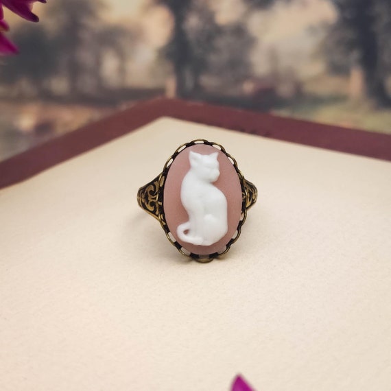 Pink and White Cat Cameo Resizable Gothic Style Antiqued Brass or Silver Statement Cocktail Ring