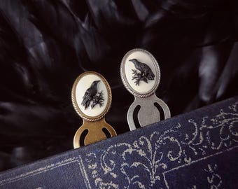 Raven Cameo Bookmark in Antiqued Brass or Antiqued Silver Metal, Vintage Victorian Style Gift for Poe Lovers, Authors, Teachers, Book Club