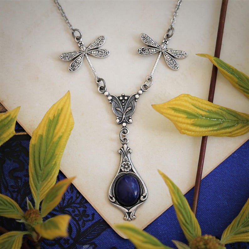 Dragonfly Necklace with Blue Stone or Shell Vintage-Style Victorian Drop - Agate, Howlite, Sodalite, Paua Shell. Antiqued Silver or Brass image 9