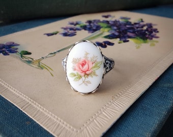 Vintage Pink Rose Cabochon Ring - Adjustable