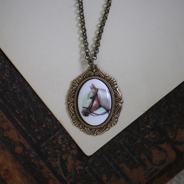 Vintage Horse Cabochon Necklace in Antiqued Silver or Brass - Choose a Style