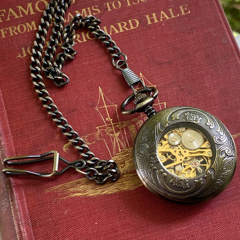 Mechanical Train Pocket Watch on Fob or Necklace Chain in Antiqued Brass image 3