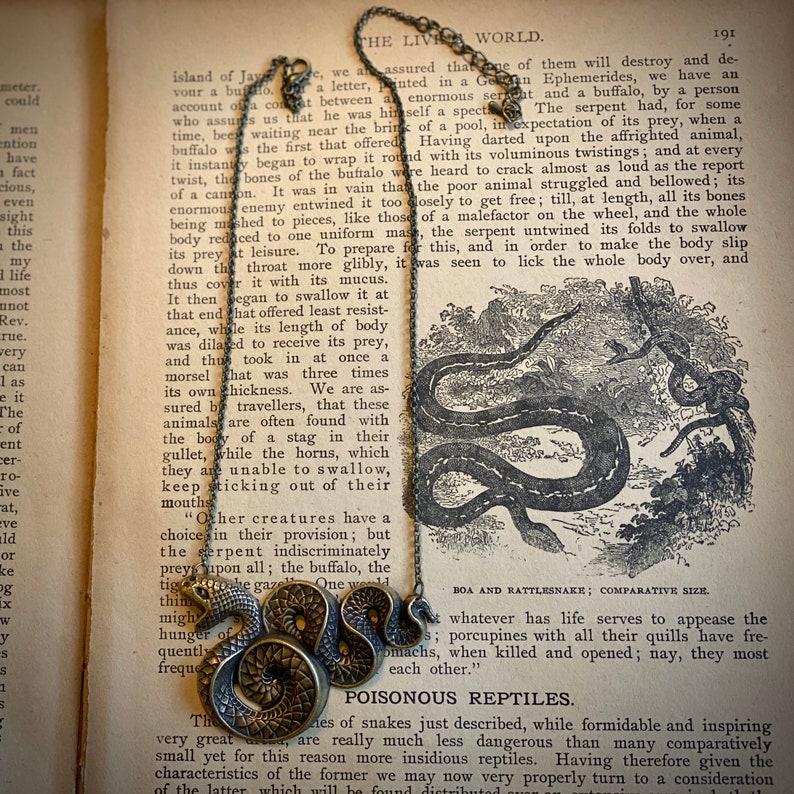 Antiqued brass vintage style gothic snake necklace.