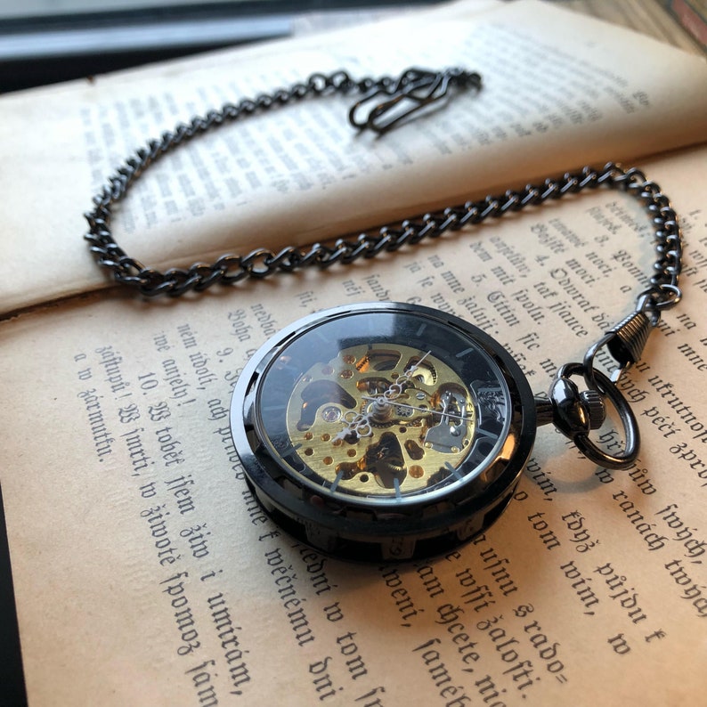 Black Postmodern Mechanical Pocket Watch on Fob or Necklace Gun Metal