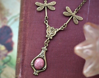 Beautiful Victorian Pink, Blue or White Stone Necklace with Dragonflies in Antiqued Silver or Antiqued Brass Choose a Stone or Shell