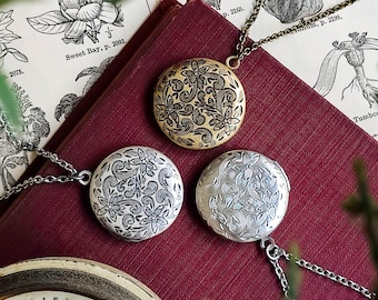 Floral Locket Necklace in Silver or Antique Brass - Sterling Silver Vintage Style Flower Locket Pendant