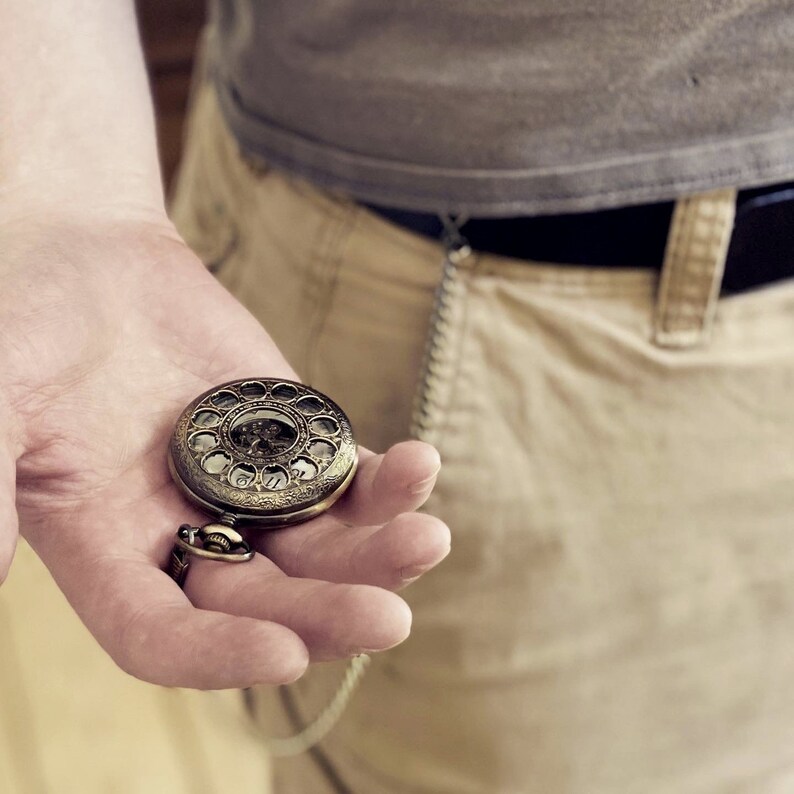 Mechanical Train Pocket Watch on Fob or Necklace Chain in Antiqued Brass image 7