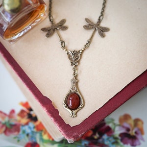 Mineral and Shell Vintage Style Dragonfly Necklaces in Orange to Golden Shades image 1