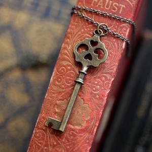 Antiqued Brass Key Pendant Necklace - Vintage Style