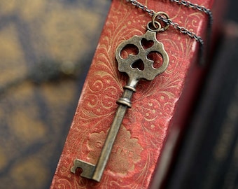 Antiqued Brass Key Pendant Necklace - Vintage Style
