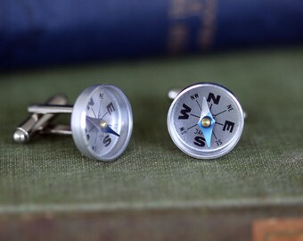 Compass Cuff Links in Antique Silver - Working Antiqued Vintage Style Compass