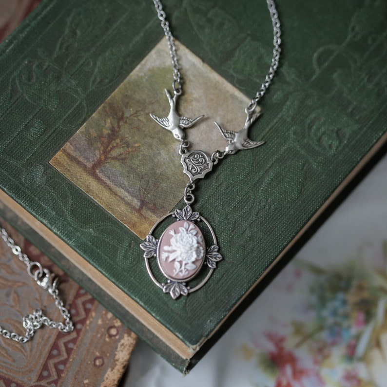 Victorian Rose Bouquet Flower Cameo Necklace Choose a Color Silver Pink