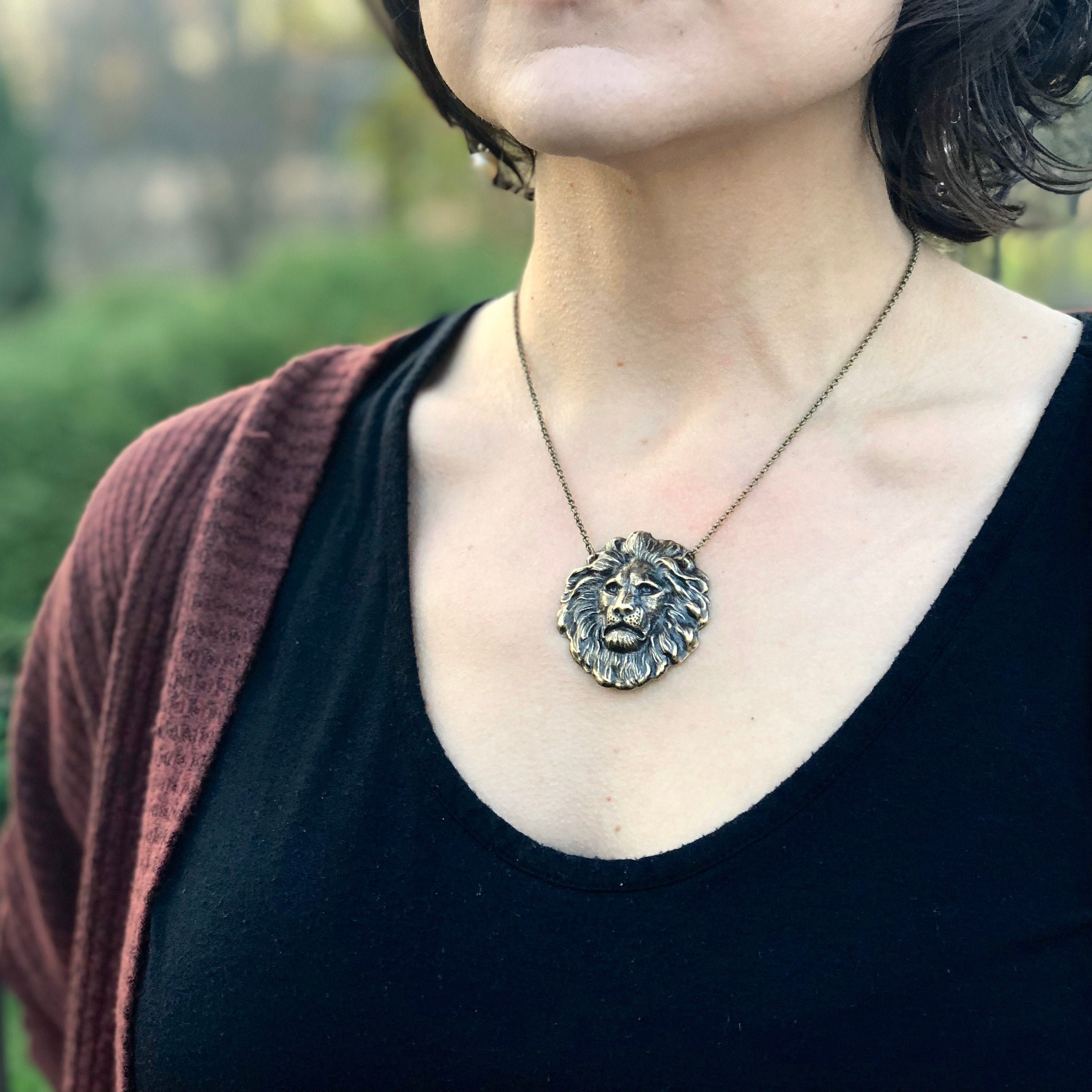 Lion Pendant Necklace in Bronze or 