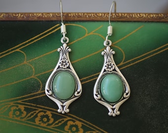 Aventurine Earrings and other Semi-Precious Stone on a Vintage Style Victorian Base in Antiqued Silver or Brass - Choose a Stone