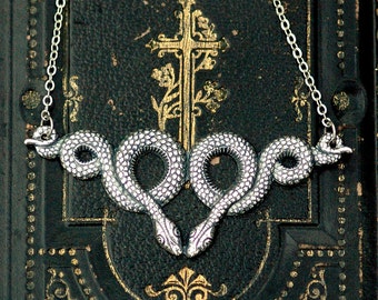 Twisted Serpents Necklace, Choose Sterling Silver Plated or Antiqued Brass Snakes, Victorian Gothic Snake Jewelry